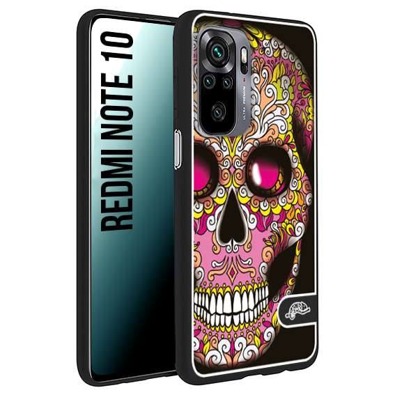 CUSTOMIZZA - Custodia cover nera morbida in tpu compatibile per Xiaomi Redmi Note 10 teschio messicano Mexican skull rosa gialla