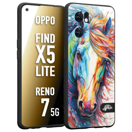 CUSTOMIZZA - Custodia cover nera morbida in tpu compatibile per Oppo Reno 7 - Find X5 LITE animali color cavallo horse viso colori vibranti disegnato schizzo