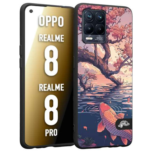 CUSTOMIZZA - Custodia cover nera morbida in tpu compatibile per Oppo Realme 8 - 8 PRO giapponese lago carpa koi rosa con foglie d'acero disegnata tattoo