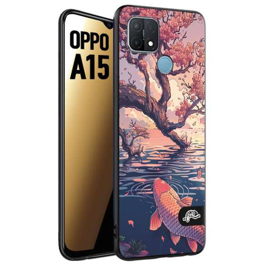 CUSTOMIZZA - Custodia cover nera morbida in tpu compatibile per Oppo A15 giapponese lago carpa koi rosa con foglie d'acero disegnata tattoo