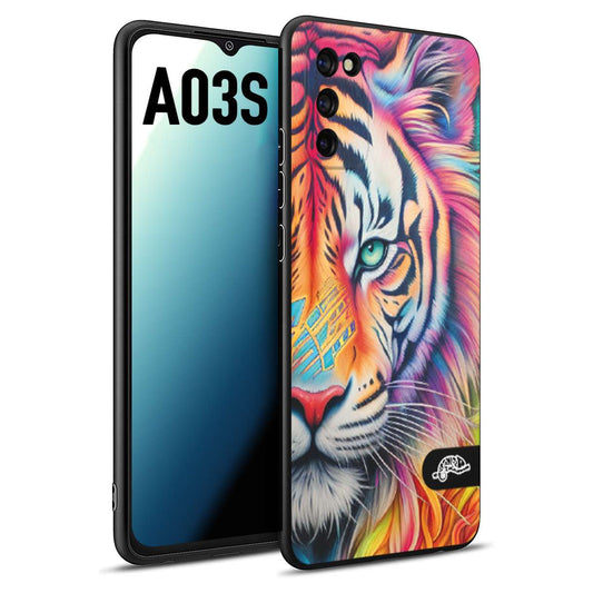 CUSTOMIZZA - Custodia cover nera morbida in tpu compatibile per Samsung A03S animali color tigre tiger viso colori vibranti disegnato schizzo