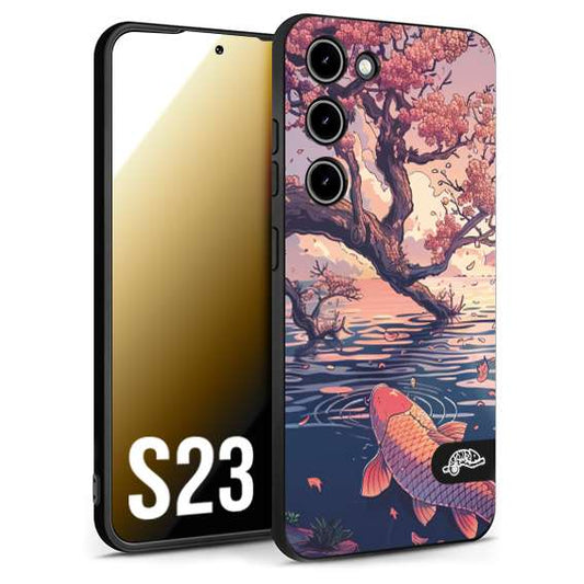 CUSTOMIZZA - Custodia cover nera morbida in tpu compatibile per Samsung S23 giapponese lago carpa koi rosa con foglie d'acero disegnata tattoo