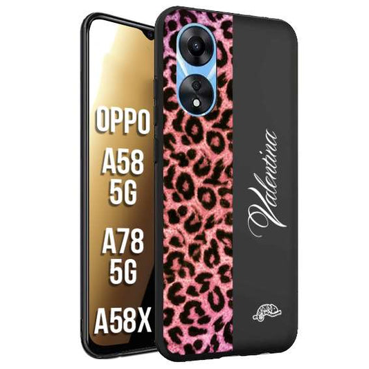 CUSTOMIZZA - Custodia cover nera morbida in tpu compatibile per Oppo A58 5G - A78 5G - A58X leopardato rosa fucsia personalizzata nome iniziali