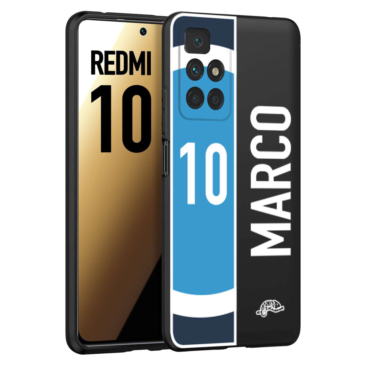 CUSTOMIZZA - Custodia cover nera morbida in tpu compatibile per Xiaomi Redmi 10 personalizzata calcio football nome e numero calciatori biancoazzurri bianco celesti