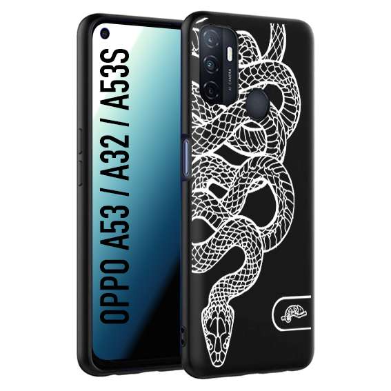 CUSTOMIZZA - Custodia cover nera morbida in tpu compatibile per Oppo A53 - A32 - A53S serpente snake bianco a rilievo disegnato tattoo tatuaggio