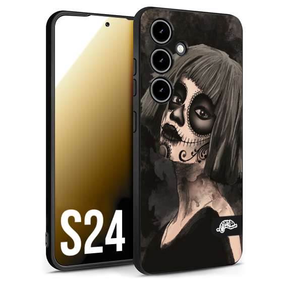 CUSTOMIZZA - Custodia cover nera morbida in tpu compatibile per Samsung S24 chicana messicana dea de la muerte donna santa tattoo disegnata