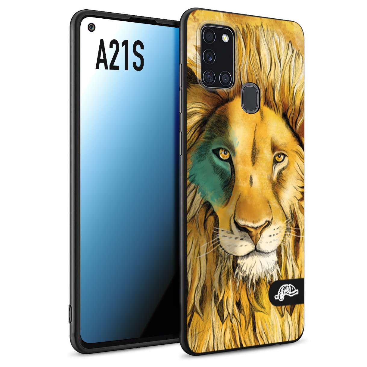 CUSTOMIZZA - Custodia cover nera morbida in tpu compatibile per Samsung A21S leone lion disegnato a mano giallo blu a rilievo artistico brown