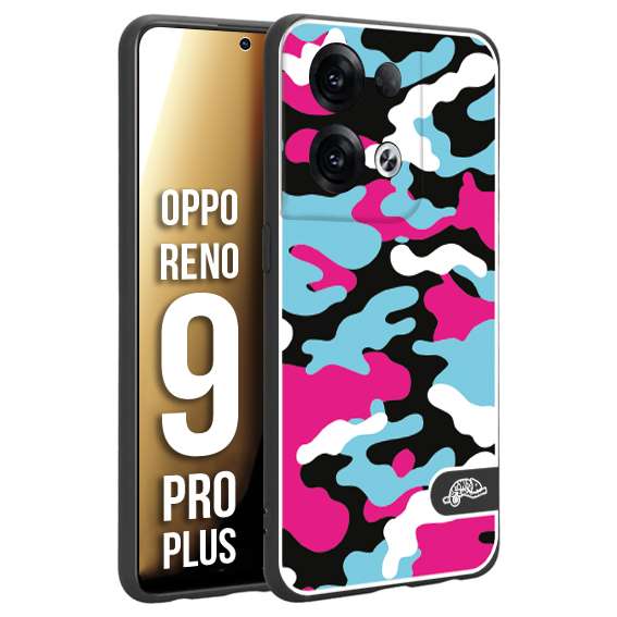 CUSTOMIZZA - Custodia cover nera morbida in tpu compatibile per Oppo Reno 9 PRO PLUS camouflage mimetico militare fucsia celeste