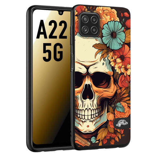 CUSTOMIZZA - Custodia cover nera morbida in tpu compatibile per Samsung A22 5G teschio skull flowers fiori autunnali arancio celeste tattoo