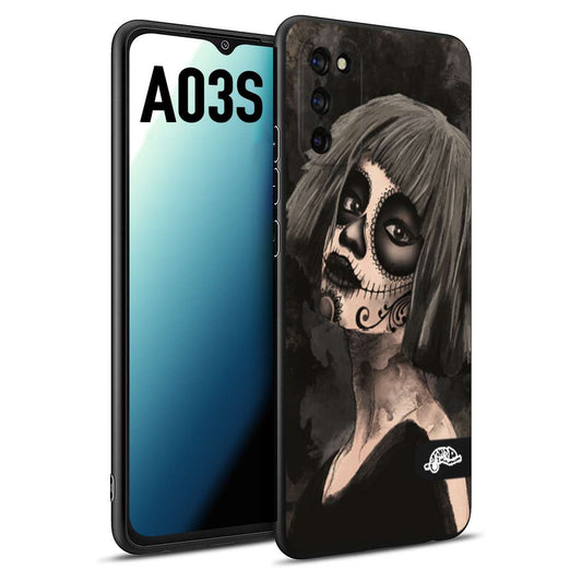 CUSTOMIZZA - Custodia cover nera morbida in tpu compatibile per Samsung A03S chicana messicana dea de la muerte donna santa tattoo disegnata