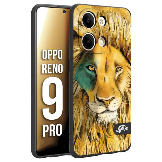 CUSTOMIZZA - Custodia cover nera morbida in tpu compatibile per Oppo Reno 9 PRO leone lion disegnato a mano giallo blu a rilievo artistico brown