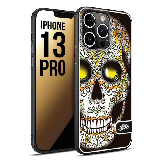 CUSTOMIZZA - Custodia cover nera morbida in tpu compatibile per iPhone 13 PRO teschio messicano Mexican skull bianco verde giallo