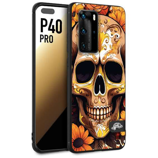 CUSTOMIZZA - Custodia cover nera morbida in tpu compatibile per Huawei P40 PRO teschio messicano colorato dorato fiori tattoo disegnato