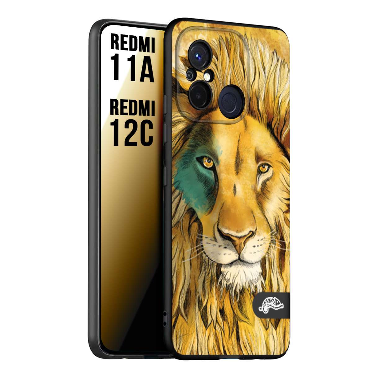 CUSTOMIZZA - Custodia cover nera morbida in tpu compatibile per Xiaomi Redmi 11A - 12C leone lion disegnato a mano giallo blu a rilievo artistico brown