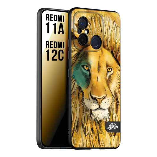 CUSTOMIZZA - Custodia cover nera morbida in tpu compatibile per Xiaomi Redmi 11A - 12C leone lion disegnato a mano giallo blu a rilievo artistico brown