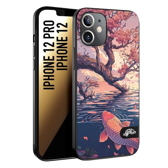 CUSTOMIZZA - Custodia cover nera morbida in tpu compatibile per iPhone 12 - 12 PRO giapponese lago carpa koi rosa con foglie d'acero disegnata tattoo