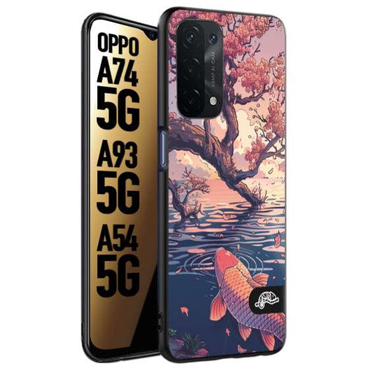 CUSTOMIZZA - Custodia cover nera morbida in tpu compatibile per Oppo A74 5G - A93 5G - A54 5G giapponese lago carpa koi rosa con foglie d'acero disegnata tattoo