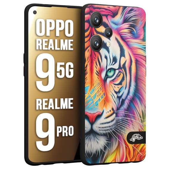 CUSTOMIZZA - Custodia cover nera morbida in tpu compatibile per Oppo Realme 9 5G - 9 PRO animali color tigre tiger viso colori vibranti disegnato schizzo