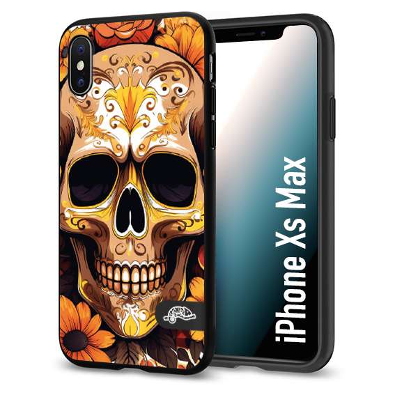 CUSTOMIZZA - Custodia cover nera morbida in tpu compatibile per iPhone Xs Max teschio messicano colorato dorato fiori tattoo disegnato