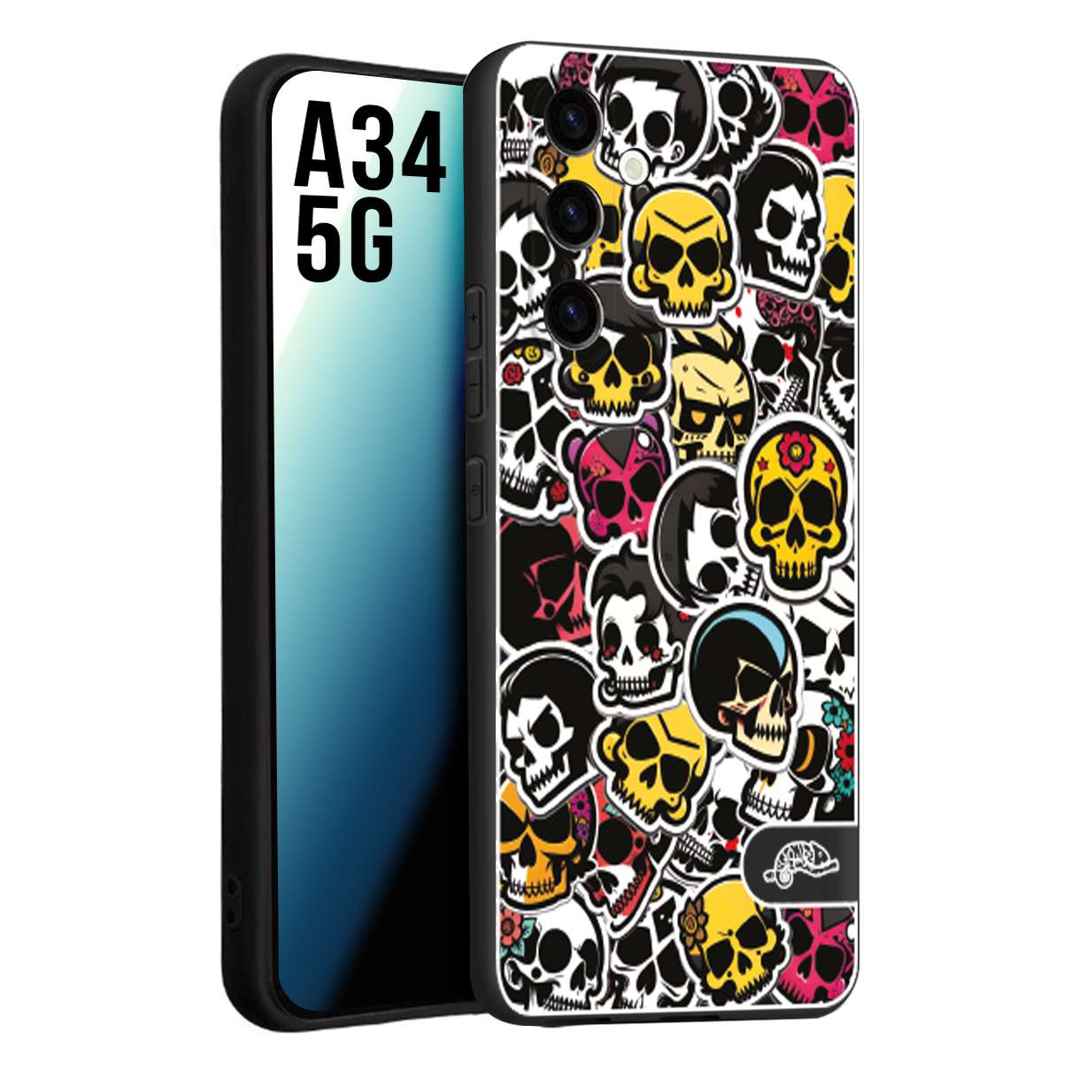 CUSTOMIZZA - Custodia cover nera morbida in tpu compatibile per Samsung A34 5G sticker bomb teschi colorati adesivi skulls skater snowboard