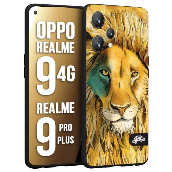 CUSTOMIZZA - Custodia cover nera morbida in tpu compatibile per Oppo Realme 9 4G - 9 PRO PLUS leone lion disegnato a mano giallo blu a rilievo artistico brown
