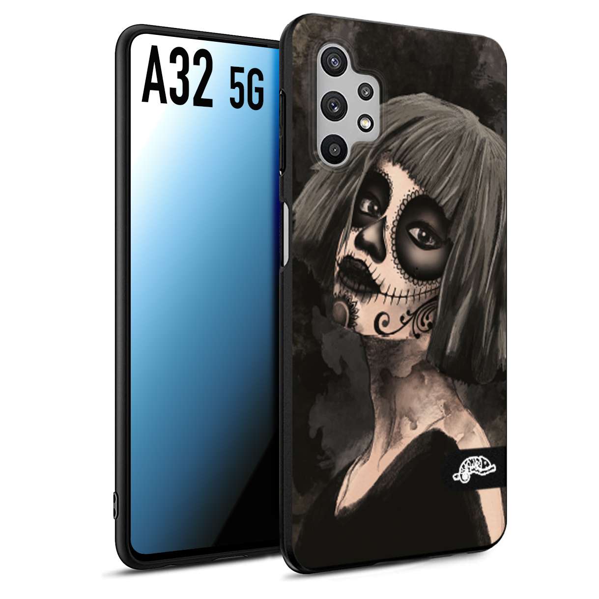 CUSTOMIZZA - Custodia cover nera morbida in tpu compatibile per Samsung A32 5G chicana messicana dea de la muerte donna santa tattoo disegnata