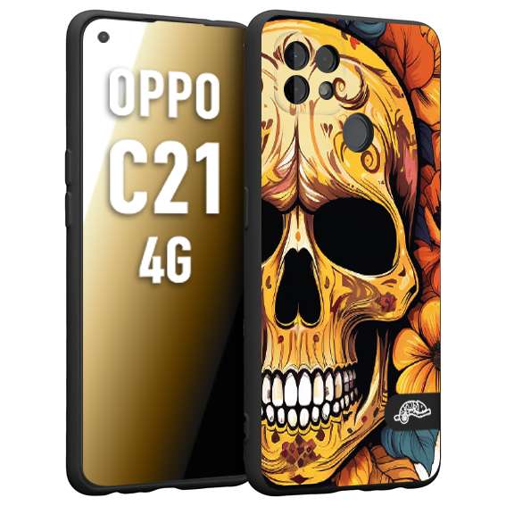 CUSTOMIZZA - Custodia cover nera morbida in tpu compatibile per Oppo Realme C21 4G teschio messicano colorato dorato fiori autunnali disegnato