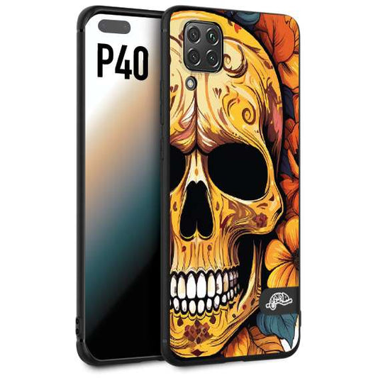 CUSTOMIZZA - Custodia cover nera morbida in tpu compatibile per Huawei P40 teschio messicano colorato dorato fiori autunnali disegnato