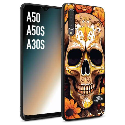 CUSTOMIZZA - Custodia cover nera morbida in tpu compatibile per Samsung A50 - A50S - A30S teschio messicano colorato dorato fiori tattoo disegnato