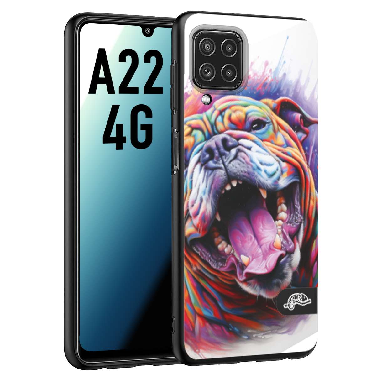 CUSTOMIZZA - Custodia cover nera morbida in tpu compatibile per Samsung A22 4G animali color bulldog cane dog colori vibranti disegnato schizzo