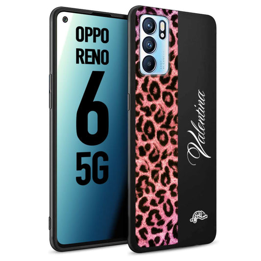 CUSTOMIZZA - Custodia cover nera morbida in tpu compatibile per Oppo Reno 6 5G leopardato rosa fucsia personalizzata nome iniziali