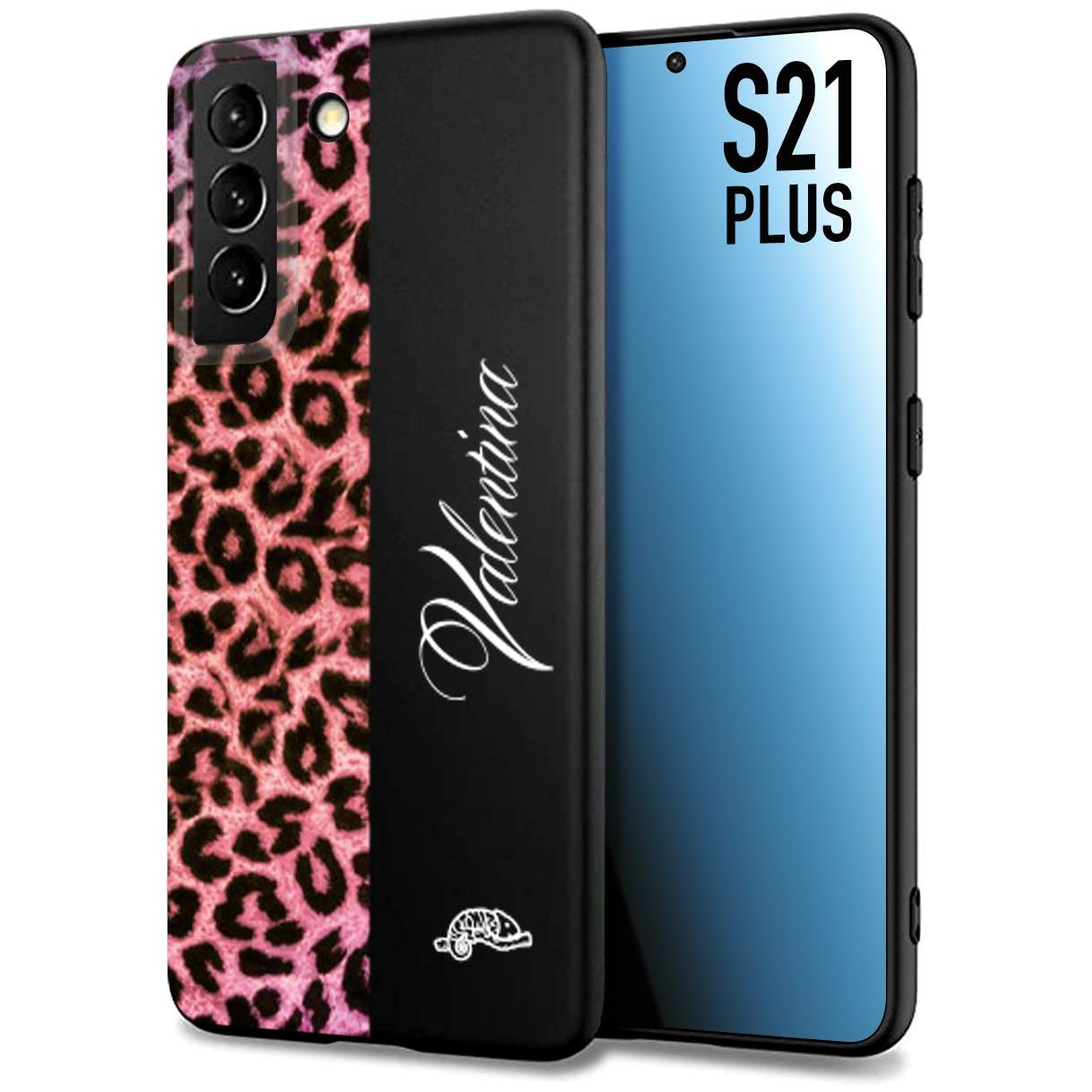 CUSTOMIZZA - Custodia cover nera morbida in tpu compatibile per Samsung S21 PLUS leopardato rosa fucsia personalizzata nome iniziali