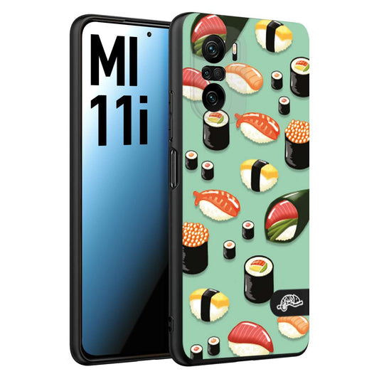 CUSTOMIZZA - Custodia cover nera morbida in tpu compatibile per Xiaomi Mi 11i sushi disegni giapponese nighiri acquamarina verde