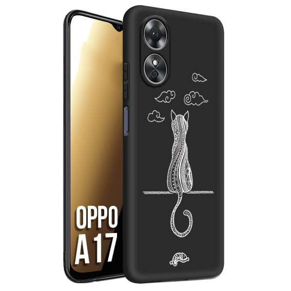 CUSTOMIZZA - Custodia cover nera morbida in tpu compatibile per Oppo A17 gatto mandala stilizzato gattino a rilievo soft touch donna bianca