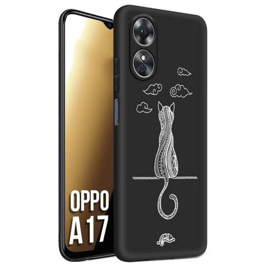 CUSTOMIZZA - Custodia cover nera morbida in tpu compatibile per Oppo A17 gatto mandala stilizzato gattino a rilievo soft touch donna bianca