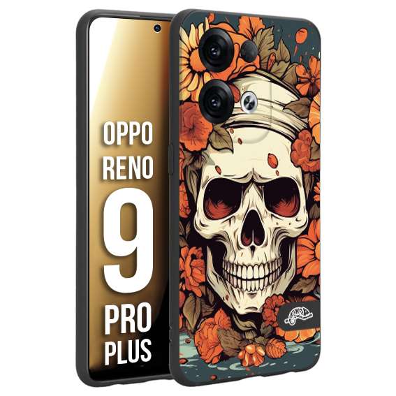 CUSTOMIZZA - Custodia cover nera morbida in tpu compatibile per Oppo Reno 9 PRO PLUS teschio skull flowers fiori tattoo disegnato alta definizione