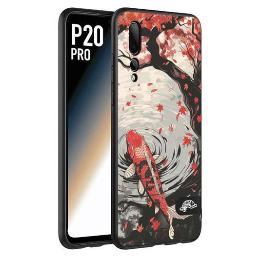 CUSTOMIZZA - Custodia cover nera morbida in tpu compatibile per Huawei P20 PRO giapponese lago carpa koi rossa con foglie d'acero rosso disegnata tattoo