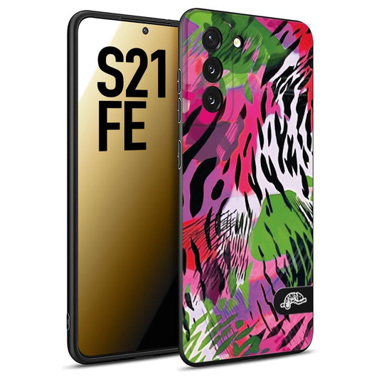 CUSTOMIZZA - Custodia cover nera morbida in tpu compatibile per Samsung S21 FE leopardato tigrato tiger colorata summer color verde fucsia