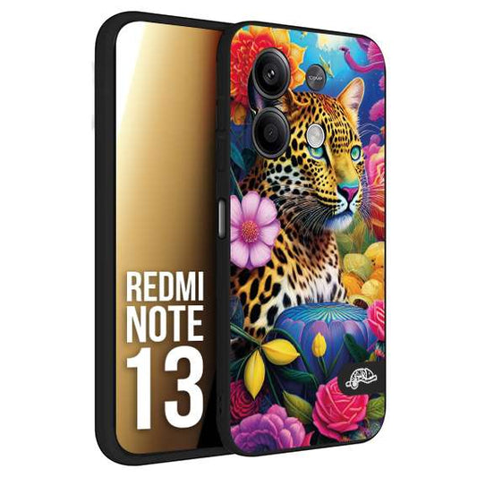 CUSTOMIZZA - Custodia cover nera morbida in tpu compatibile per Xiaomi Redmi Note 13 fiori astratti donna flower fantasia leopardo ghepardo animali colorati