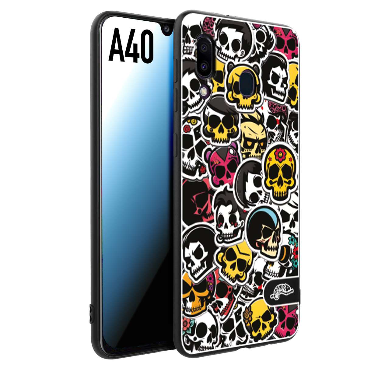 CUSTOMIZZA - Custodia cover nera morbida in tpu compatibile per Samsung A40 sticker bomb teschi colorati adesivi skulls skater snowboard