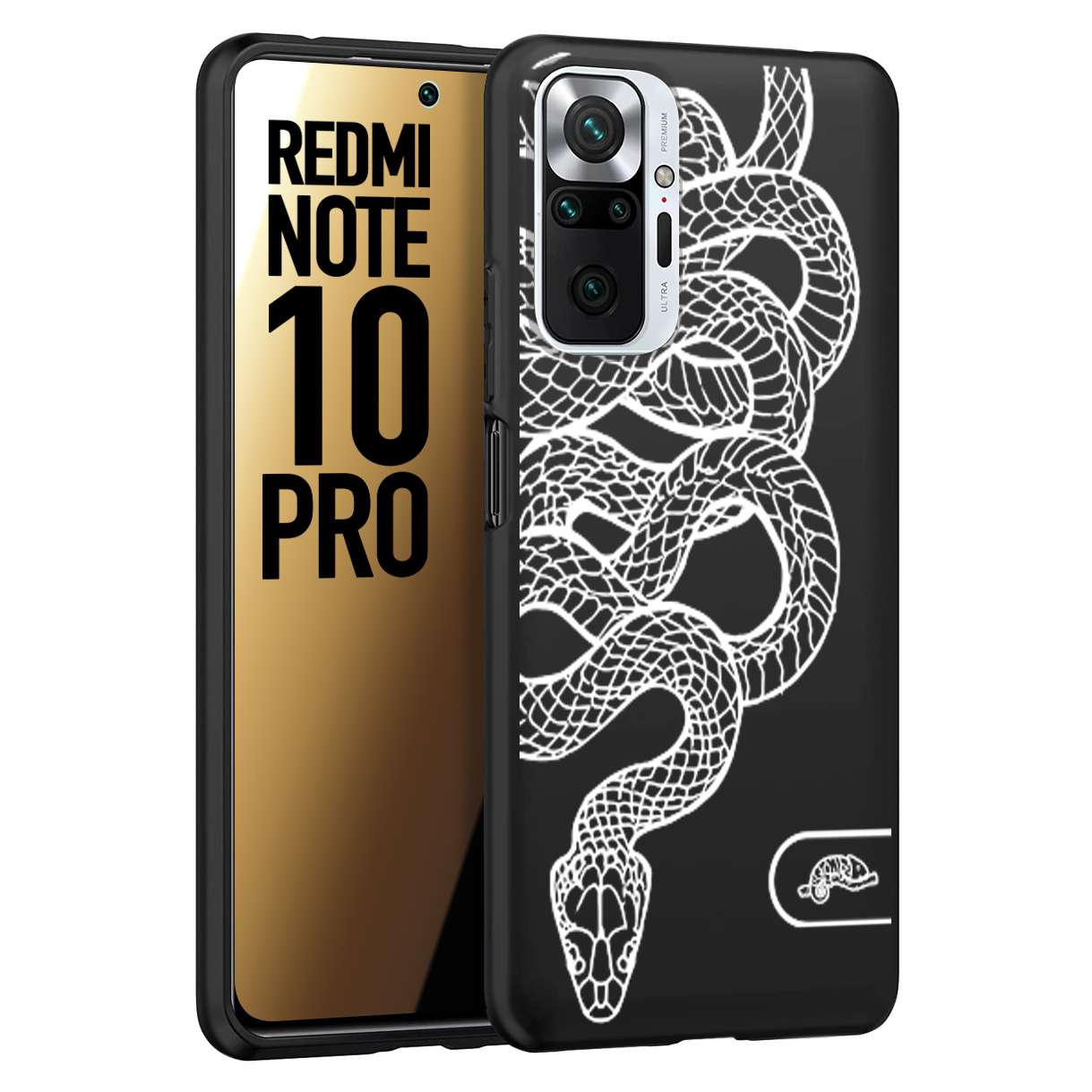 CUSTOMIZZA - Custodia cover nera morbida in tpu compatibile per Xiaomi Redmi Note 10 PRO serpente snake bianco a rilievo disegnato tattoo tatuaggio