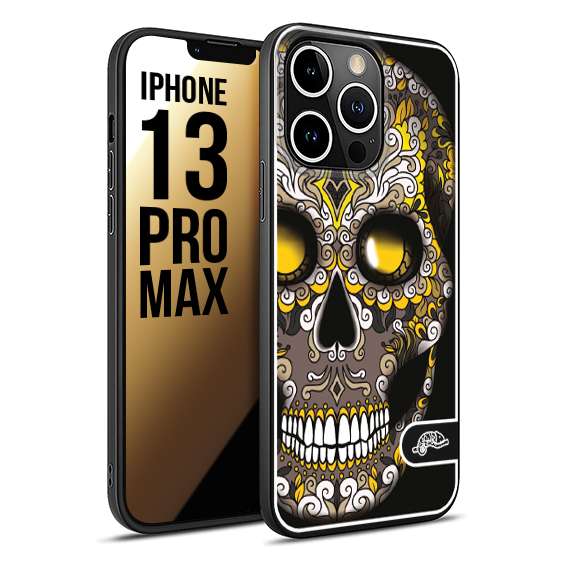 CUSTOMIZZA - Custodia cover nera morbida in tpu compatibile per iPhone 13 PRO MAX teschio messicano Mexican skull nero giallo