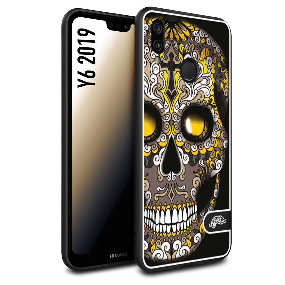 CUSTOMIZZA - Custodia cover nera morbida in tpu compatibile per Huawei Y6 2019 teschio messicano Mexican skull nero giallo