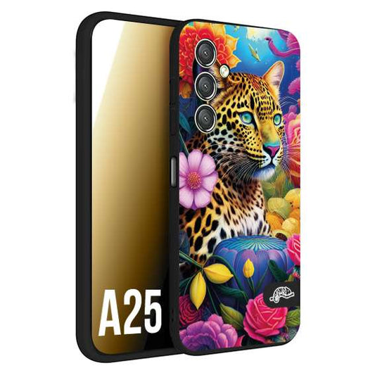 CUSTOMIZZA - Custodia cover nera morbida in tpu compatibile per Samsung A25 fiori astratti donna flower fantasia leopardo ghepardo animali colorati