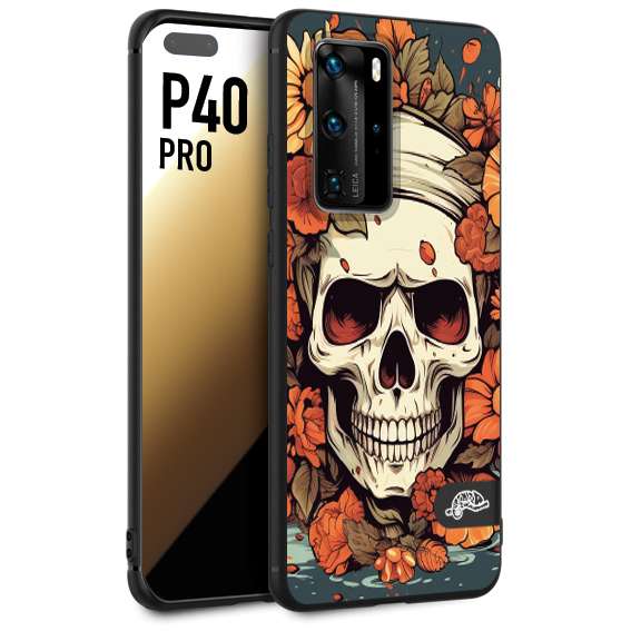 CUSTOMIZZA - Custodia cover nera morbida in tpu compatibile per Huawei P40 PRO teschio skull flowers fiori tattoo disegnato alta definizione