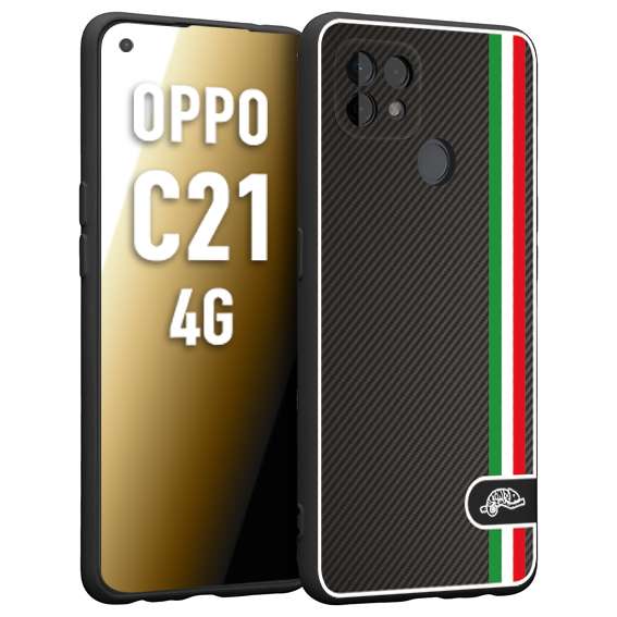 CUSTOMIZZA - Custodia cover nera morbida in tpu compatibile per Oppo Realme C21 4G effetto fibra di carbonio bandiera Italia made in Italy