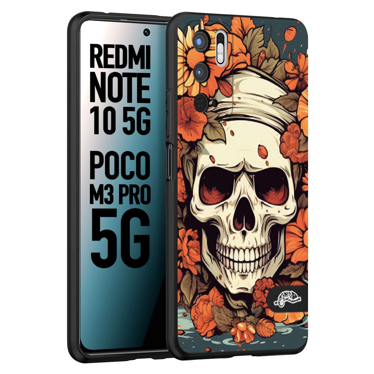 CUSTOMIZZA - Custodia cover nera morbida in tpu compatibile per Xiaomi Redmi Note 10 5G - Poco M3 Pro 5G teschio skull flowers fiori tattoo disegnato alta definizione