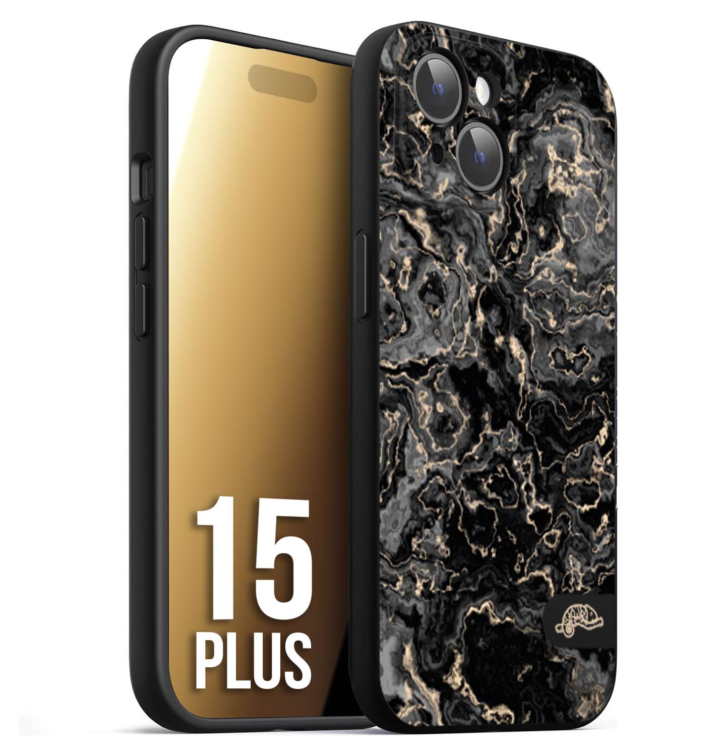 CUSTOMIZZA - Custodia cover nera morbida in tpu compatibile per iPhone 15 PLUS effetto marmo marble nero black venature dorato pietra