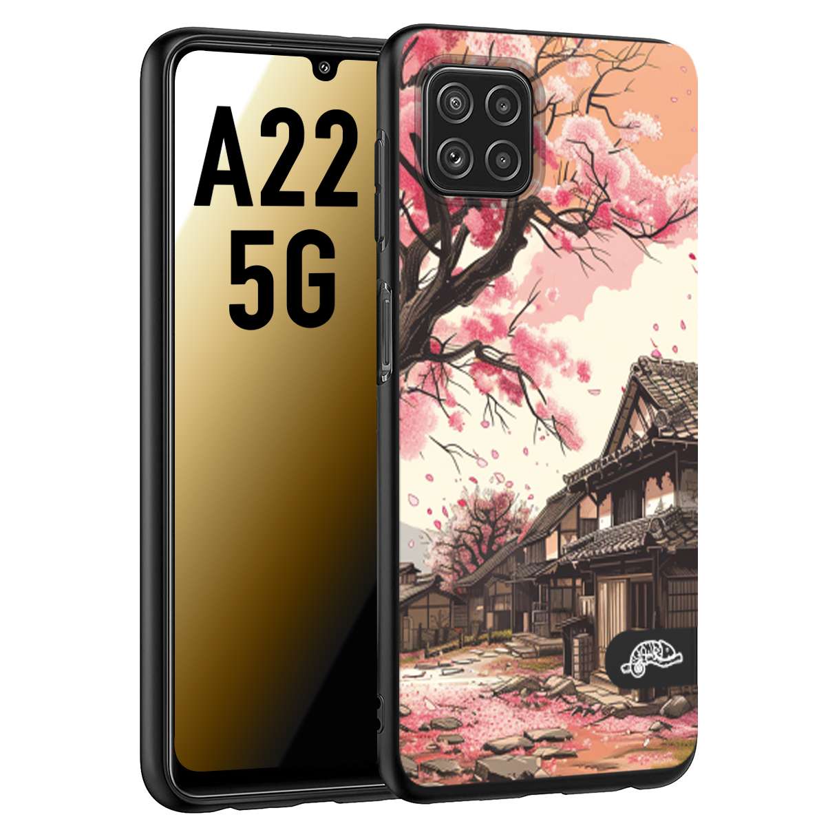 CUSTOMIZZA - Custodia cover nera morbida in tpu compatibile per Samsung A22 5G casa giapponese rosa ciliegio in fiore disegnata tattoo