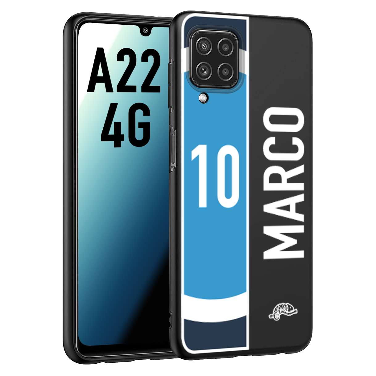 CUSTOMIZZA - Custodia cover nera morbida in tpu compatibile per Samsung A22 4G personalizzata calcio football nome e numero calciatori biancoazzurri bianco celesti